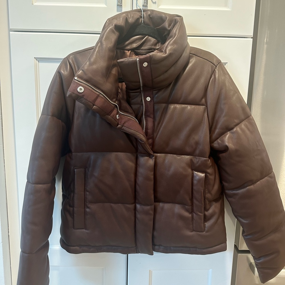 Abercrombie & Fitch Chocolate Mini Puffer Jacket Vegan Leather